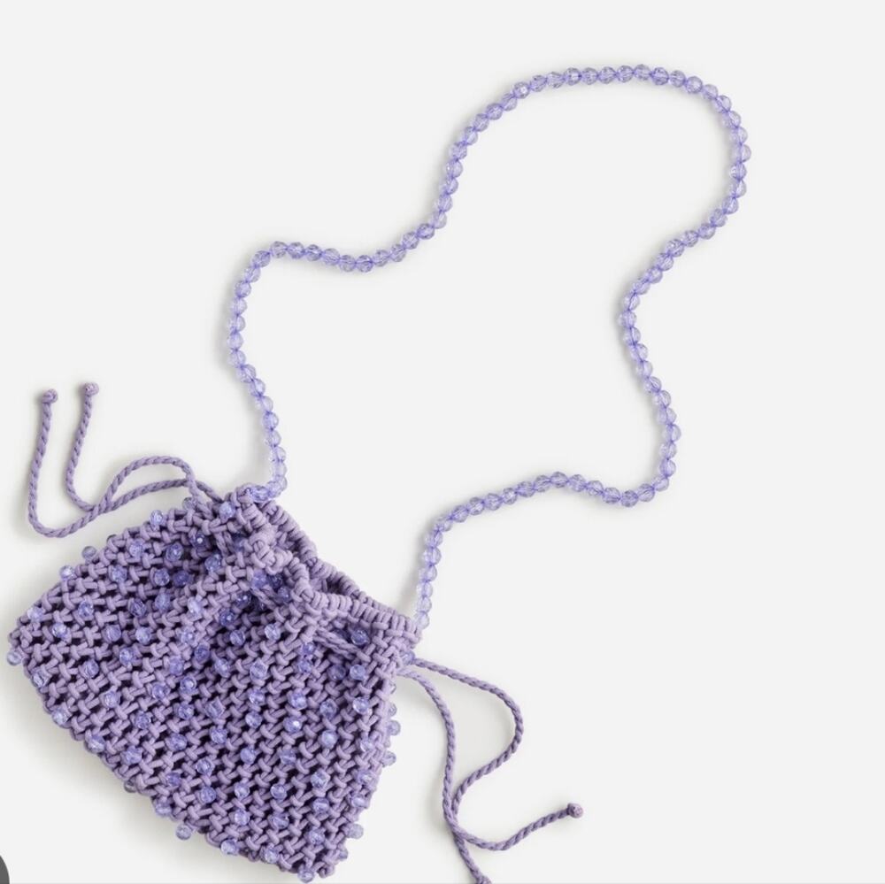 J.Crew Purple Knitted Crochet Pouch Bag Beaded Strap Drawstring - New BY236